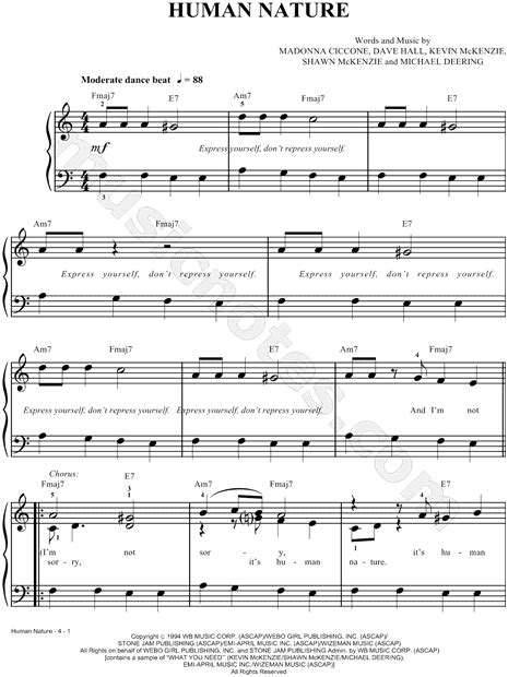 madonna human nature sheet music easy piano in c major download