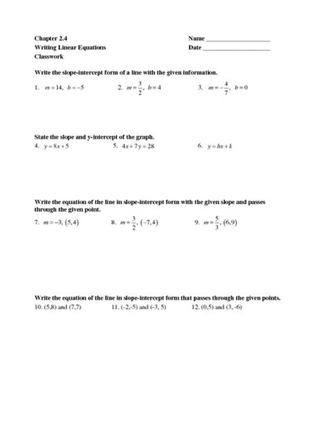 chapter  writing linear equations worksheet    grade