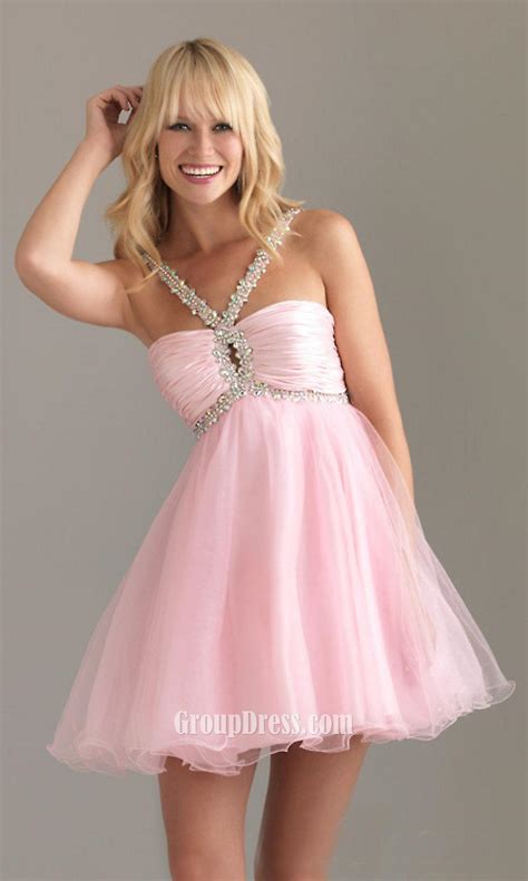 Pink Beaded Straps Sleeveless A Line Short Empire Ruched Bodice Prom
