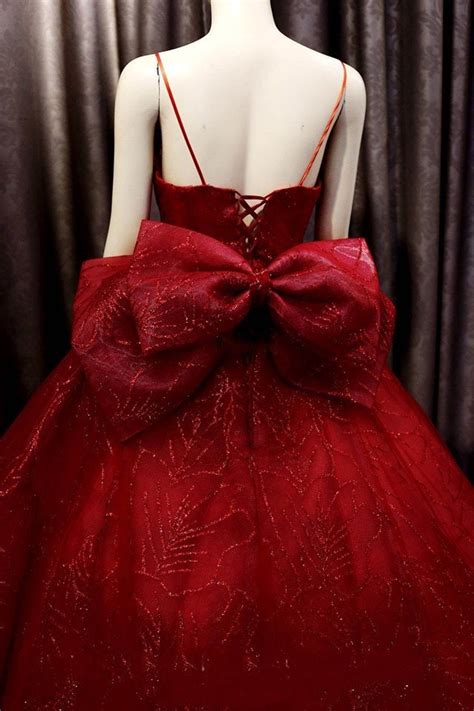 deep red sparkle beaded thin strap v neck ball gown wedding dress with