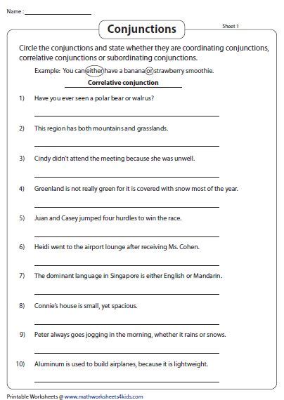 conjunction worksheets conjunctions worksheet correlative