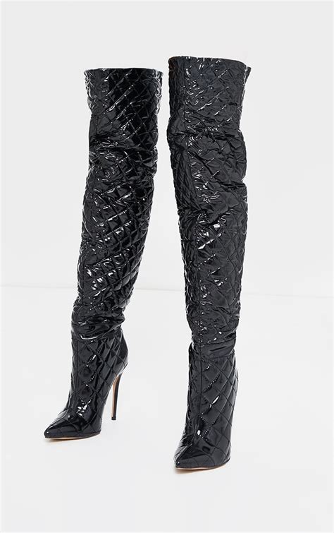 black vinyl quilted thigh high boot shoes prettylittlething usa