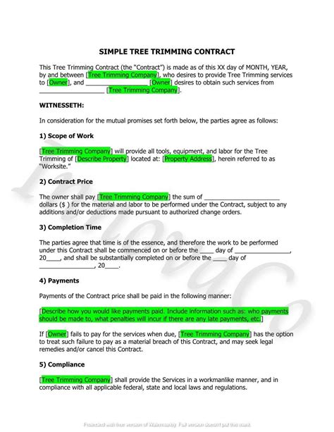tree trimming contract template tree removal tree service