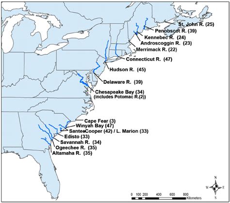 map   portion   north american atlantic coast depicting   scientific diagram