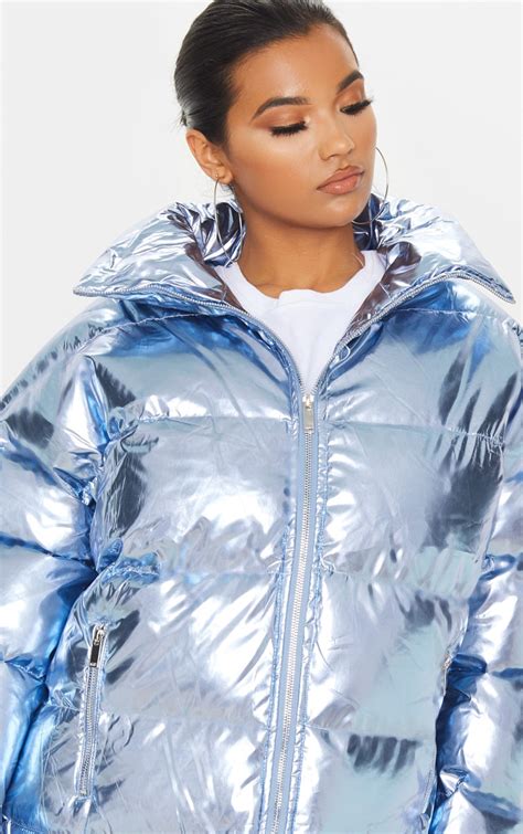 blue metallic puffer coats jackets prettylittlething
