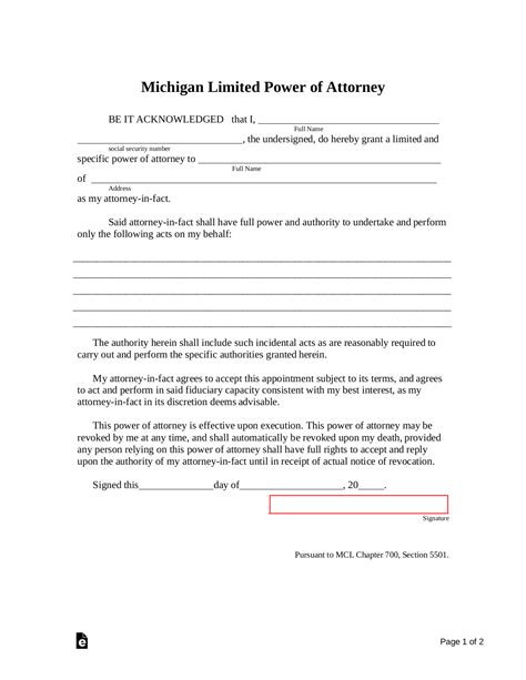 michigan limited power  attorney form  word eforms