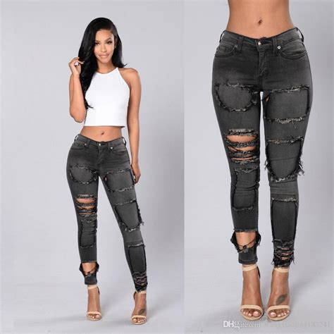 2018 2017 Hot Selling Womens Black Skinny Ripped Jeans Low