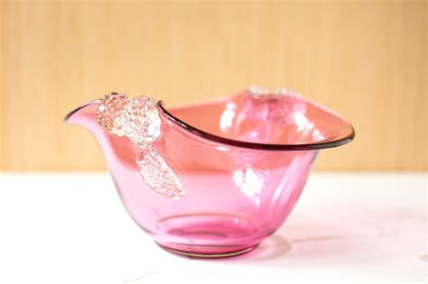 Vintage Pink Art Glass Bowl With Applied Raspberries And Etsy