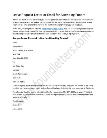 sample leave application letter  attending funeral   letters