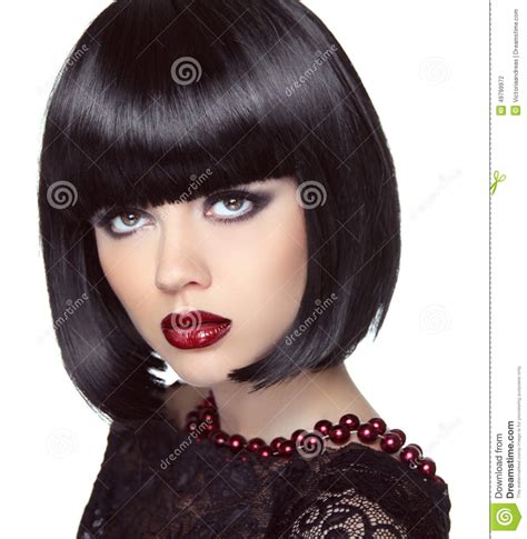 Black Short Bob Hairstyle Fashion Brunette Girl Model With Make Stock