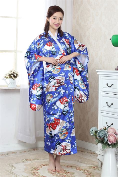 new style blue flower japanese women kimono sexy silk