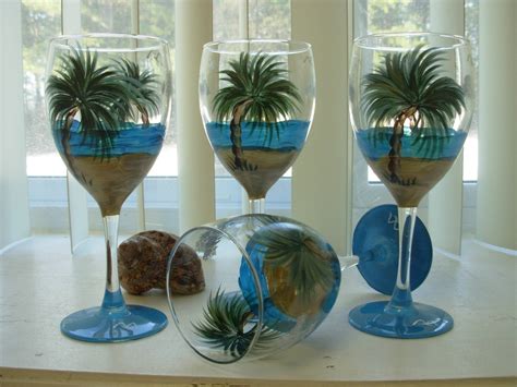 Palm Tree Seashore Hand Painted Wine Glasses By Bedofrosesboutique