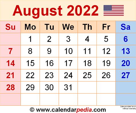 august  calendar templates  word excel