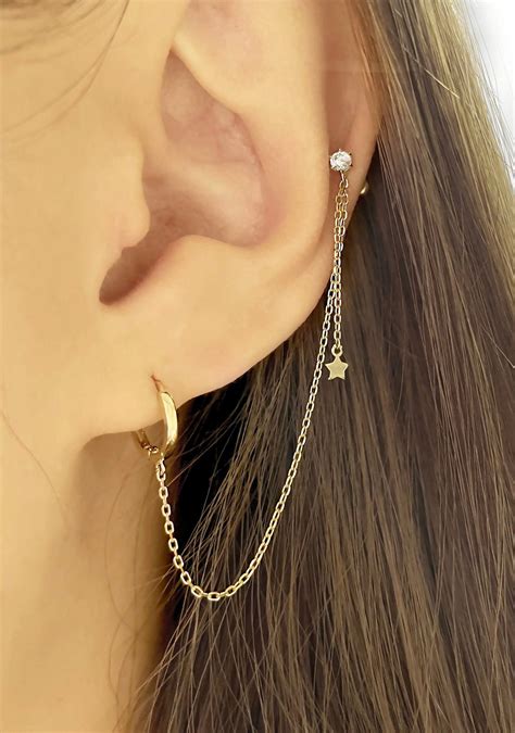 soild gold earrings double piercing earring gold chain etsy