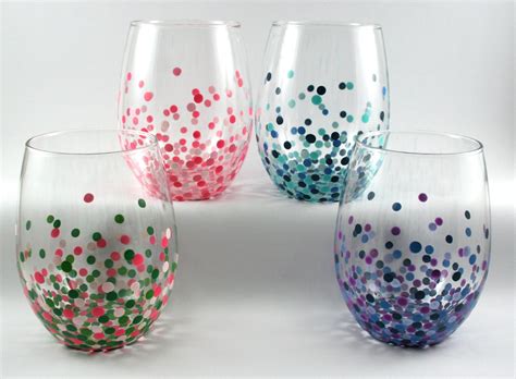 Set Of 4 Custom Dot Painted Stemless Wine Glasses Painted Wine