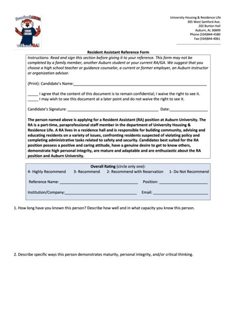 resident assistant reference form printable