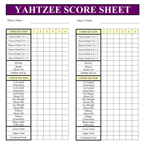 yahtzee score sheet printable