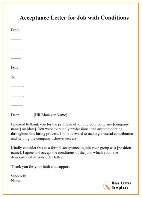 job acceptance letter template format sample