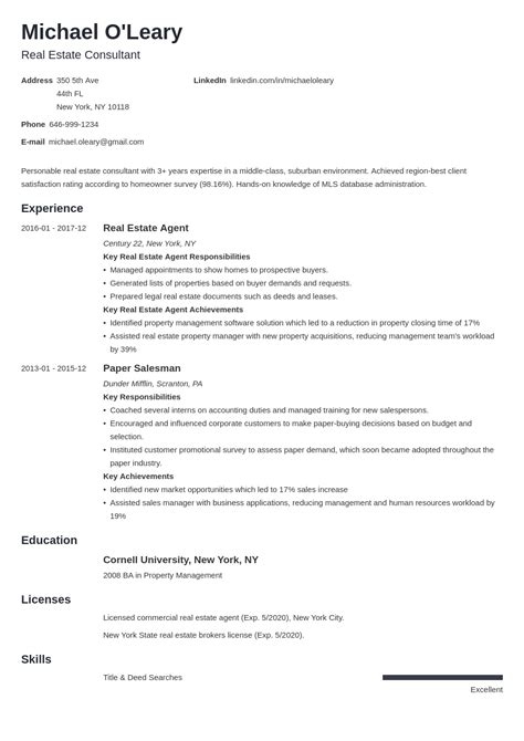 real estate agent resume  samples examples format