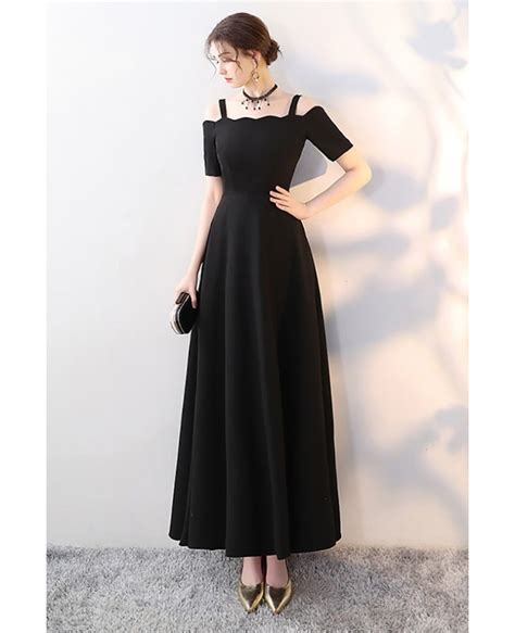 Simple Long Black Formal Dress Aline With Straps Sleeves