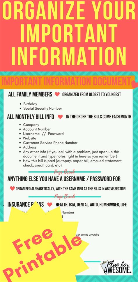 organize important information   place  printable
