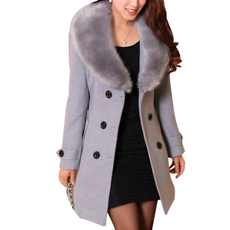 women wool long coats winter warm faux fur collar double breasted
