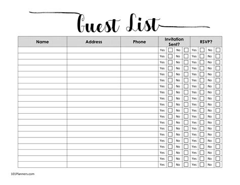 wedding guest list template    printable templates
