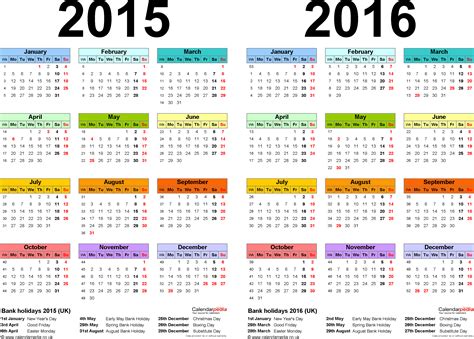two year calendars for 2015 and 2016 uk for excel