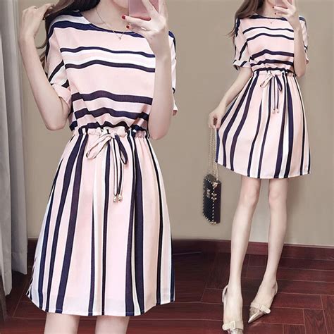 2018 Summer Korean Style Casual Stripe Dress Female Dress O Neck Slim