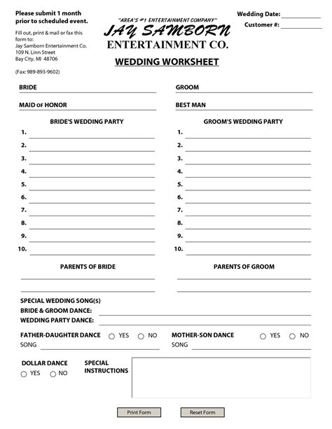 printable wedding planning worksheets  printable wedding