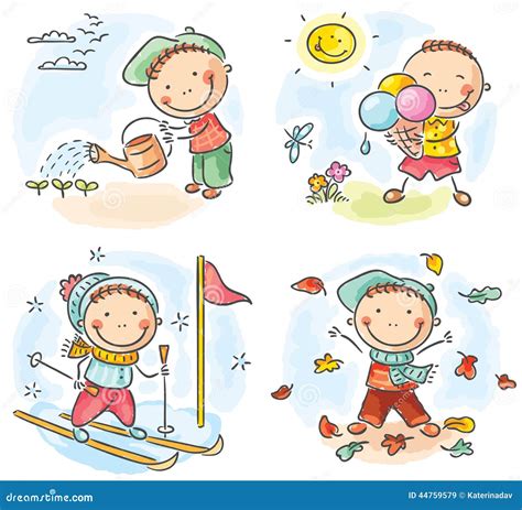 de activiteiten van de jongen tijdens de vier seizoenen vector illustratie illustration