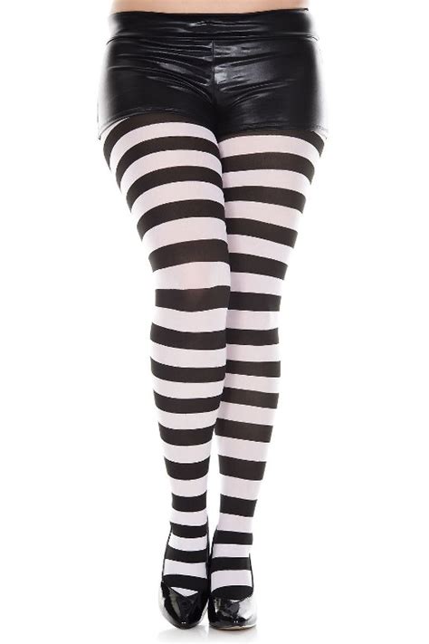 Plus Size Opaque Black And White Wide Striped Fairy Tights