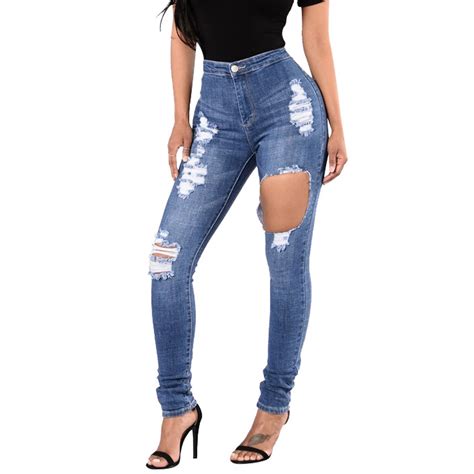 sexy women destroyed ripped distressed slim denim pants boyfriend jeans trousers  size high