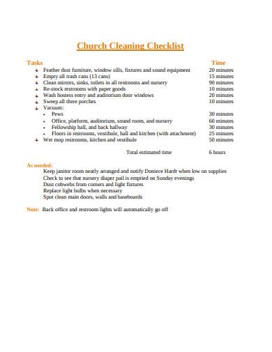 church cleaning checklist  examples format  examples
