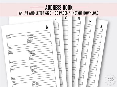 address book printable pages contact pages    letter size