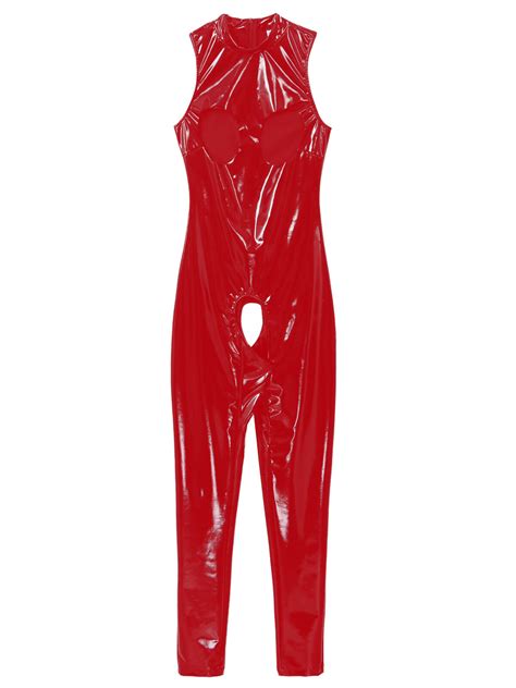 woman s wet look latex catsuit patent leather hollow out jumpsuit zip