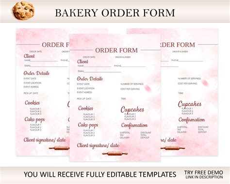 diy bakery order form editable bakery order form printable etsy