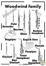 Woodwind Instrument Coloring Instruments Family Pages Music Names Saxophone Activities Orchestra Tenor Musical Sheet Kids Contains Resource Bassoon Oboe Horn sketch template