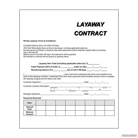 printable layaway agreement form template printablercom contract