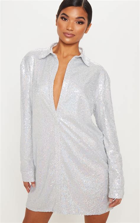Silver Sequin Shirt Dress Dresses Prettylittlething Usa
