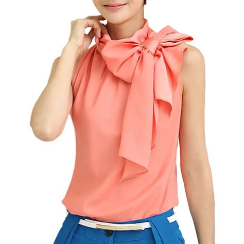blouse  spring summer  fashion women casual chiffon sleeveless bow collar blouses
