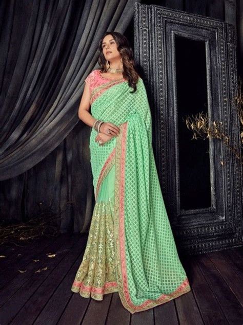 Indian Designer New Collection Green Border Saree With