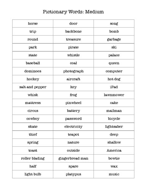 printable pictionary word list  printable templates