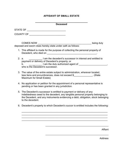 blank small estate affidavit form form
