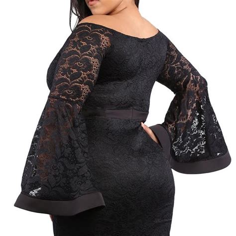 Hualong Sexy Bell Sleeve Plus Size Black Lace Dress Online Store For