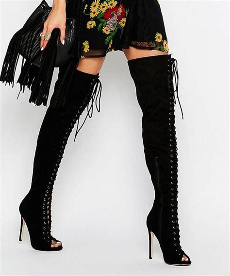 spring new fashion women open toe black suede leather lace up over knee