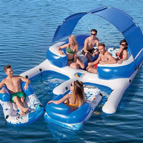 large inflatable floating island  person uv sun shade lounge raft