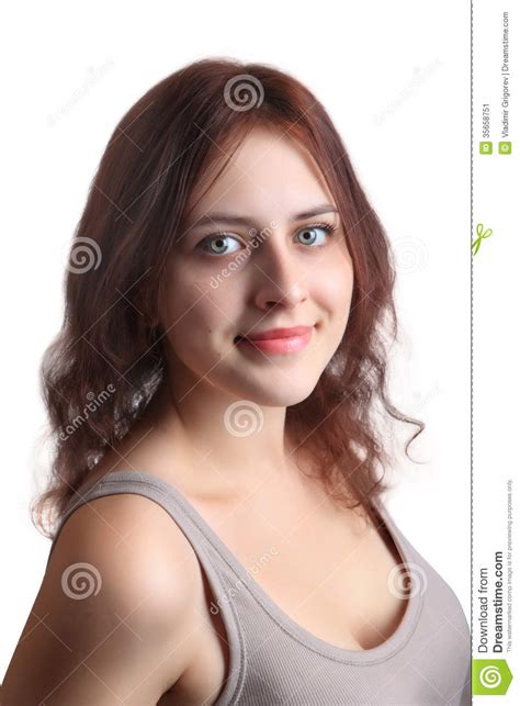 Redhead Caucasian Girl 18 Years Old In Beige Shirt Closeup Stock