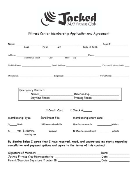 fitness center membership application  agreement  word   formats