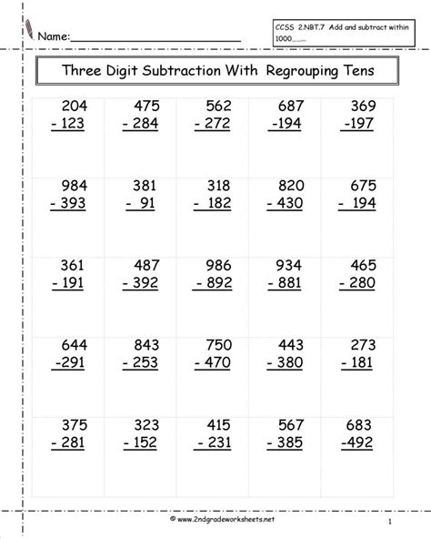 grade math worksheets  digit subtraction  regrouping printable